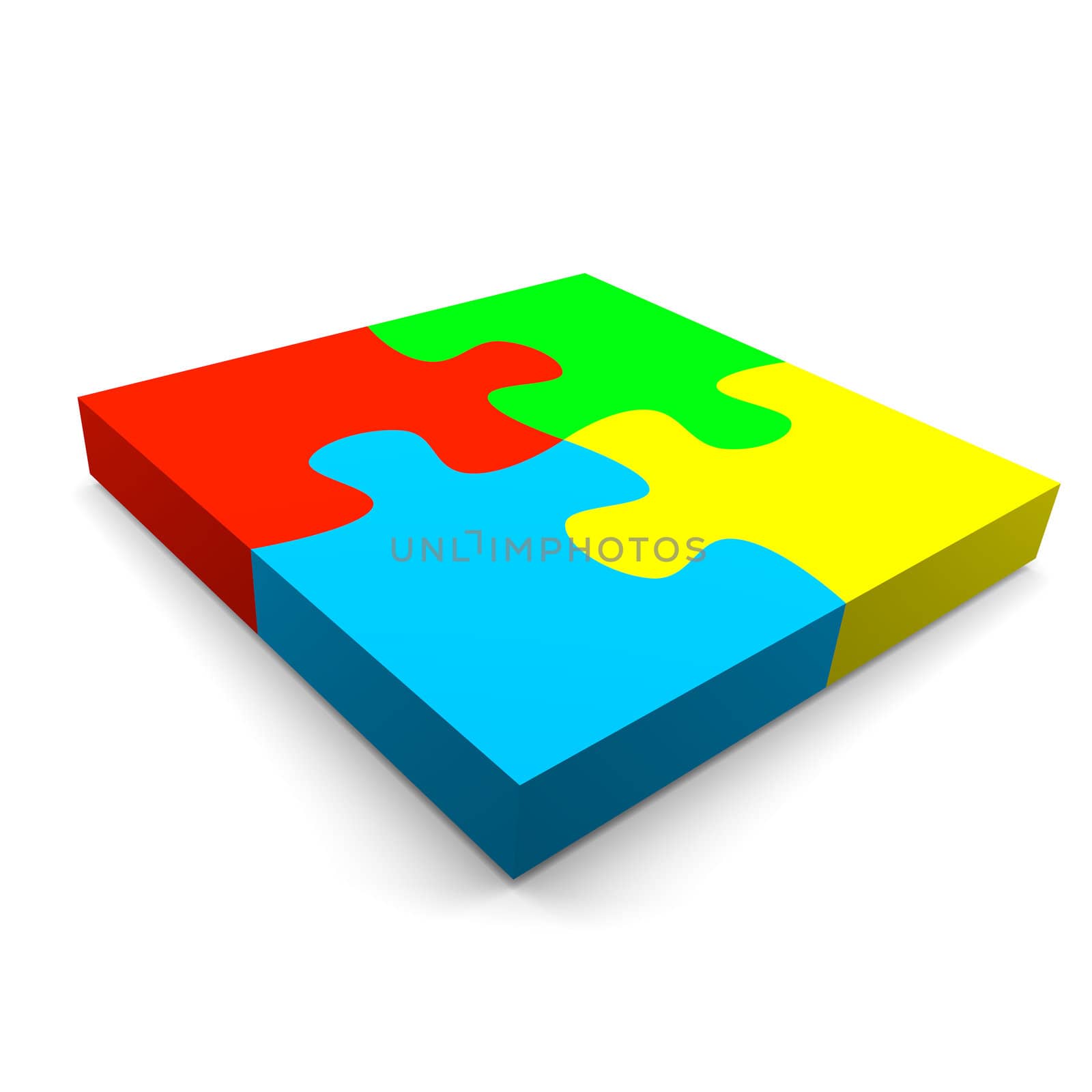 four color puzzle pieces combined cooperation concept on white background