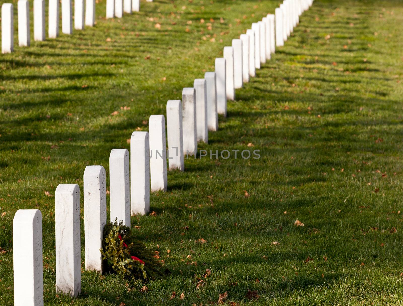Christmas wreaths on gravestones in Arlington National Cemetery. The wreathes have been donated each year since 1992.