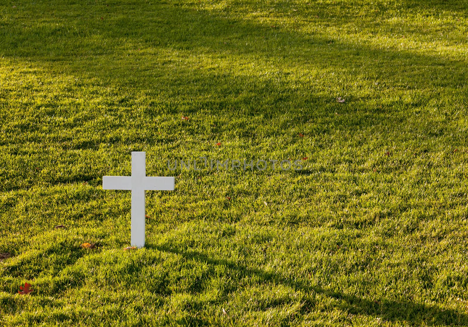 Simple white cross in lawn at Robert Kennedy memorial in Arlington Cemetery
