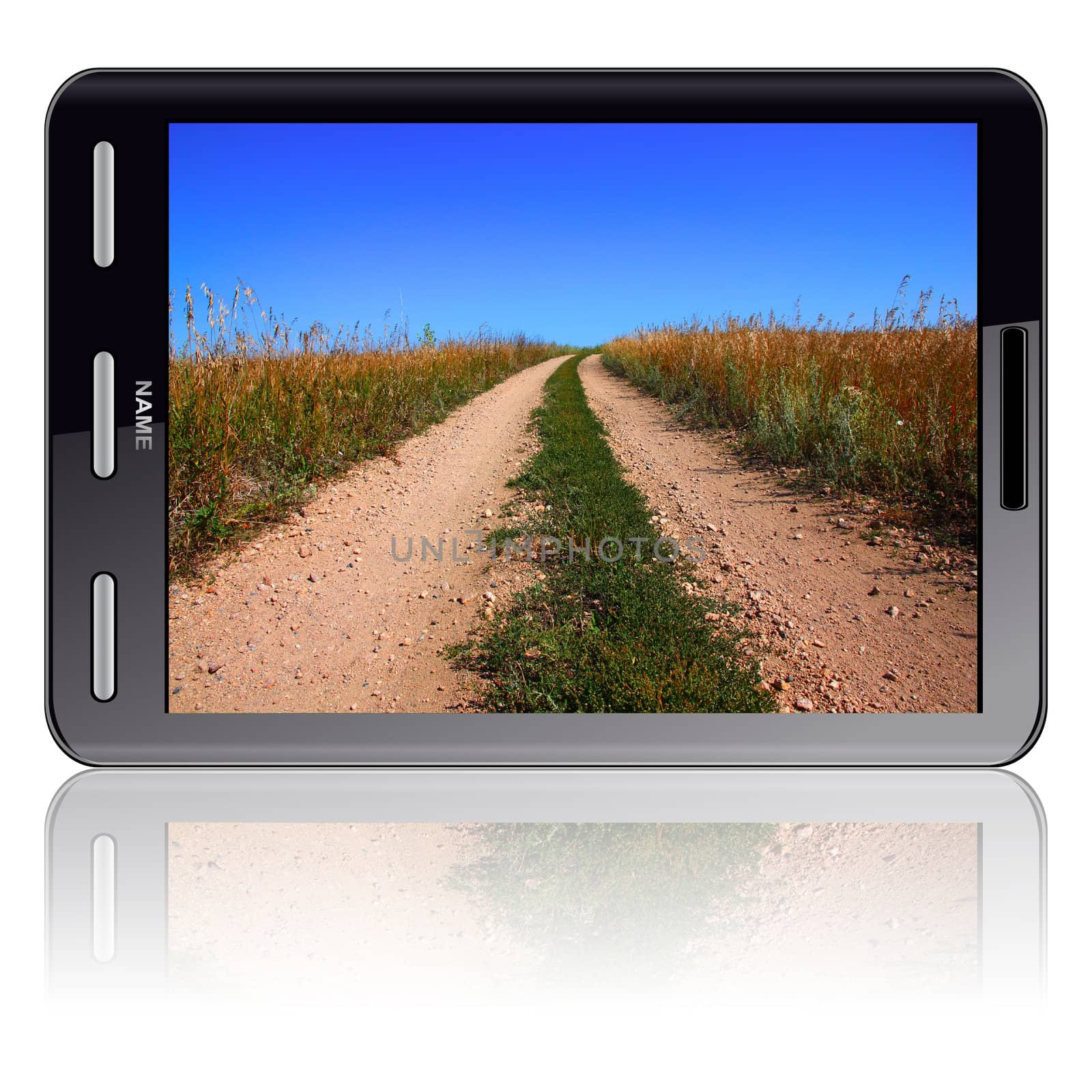 Vertical Tablet computer isolated on the white background. Screen saver road.