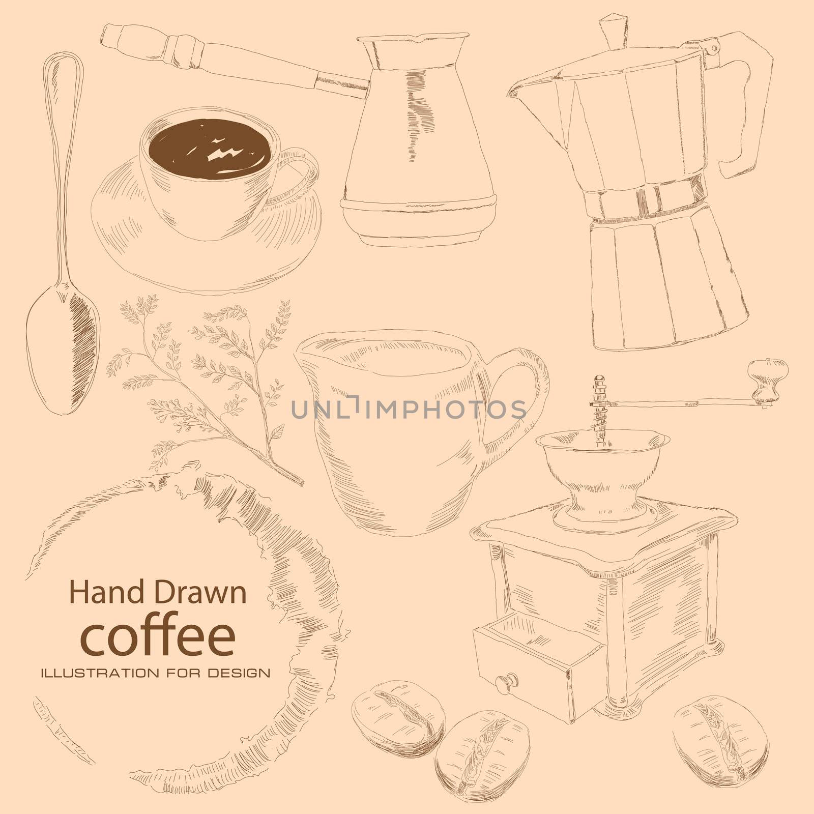 Subject coffee is drawn by hand, coffee cup, kofevrkoy, coffee zrnami, a branch of the coffee tree, hand grinder, a spoon, Turks prigtovleniya to drink.