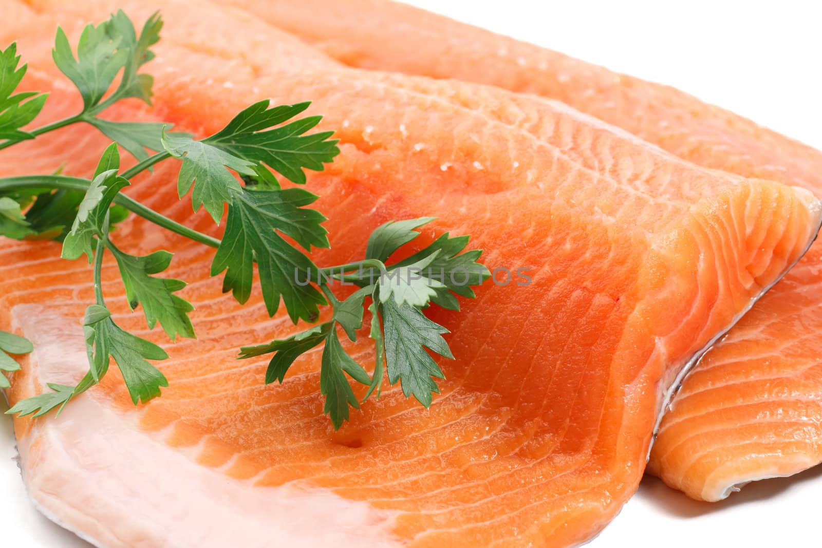 detail of trout fillets with parsley isolated on white background