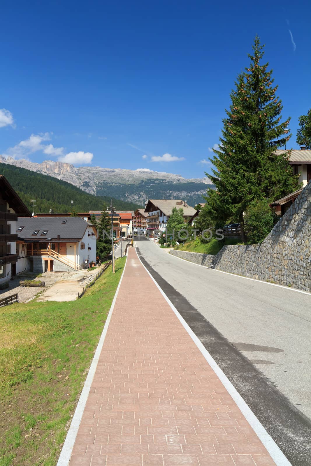 summer view of San Cassiano, famous small town in Val Badia, Italy