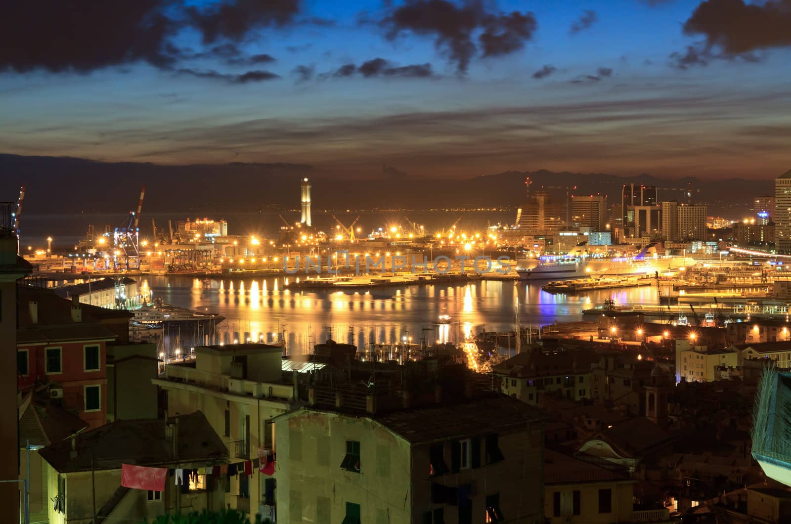 overview of thev ancient port in genova at evening, Liguria, Italy