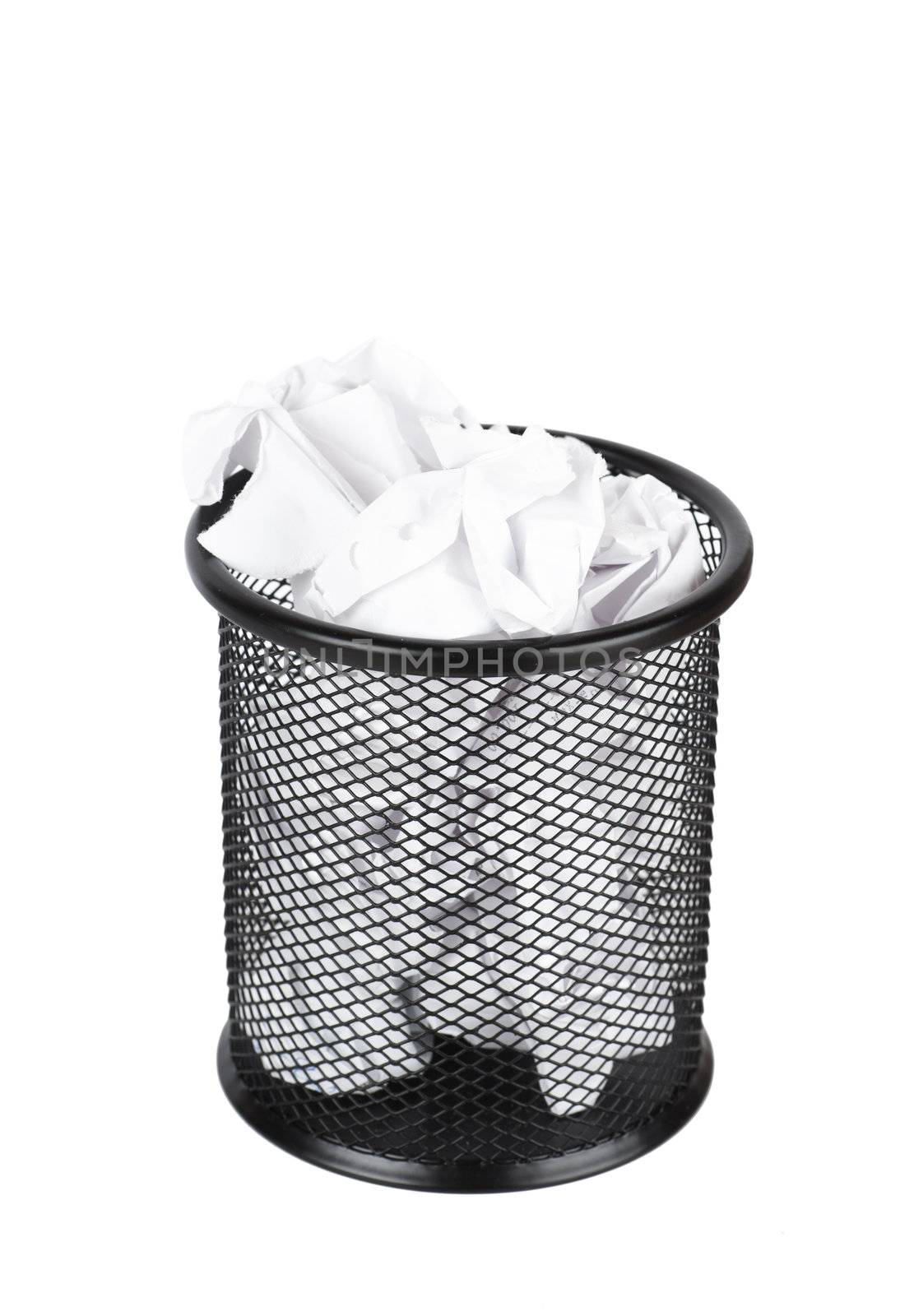 Trash can filled with crumbled paper isolated on white background