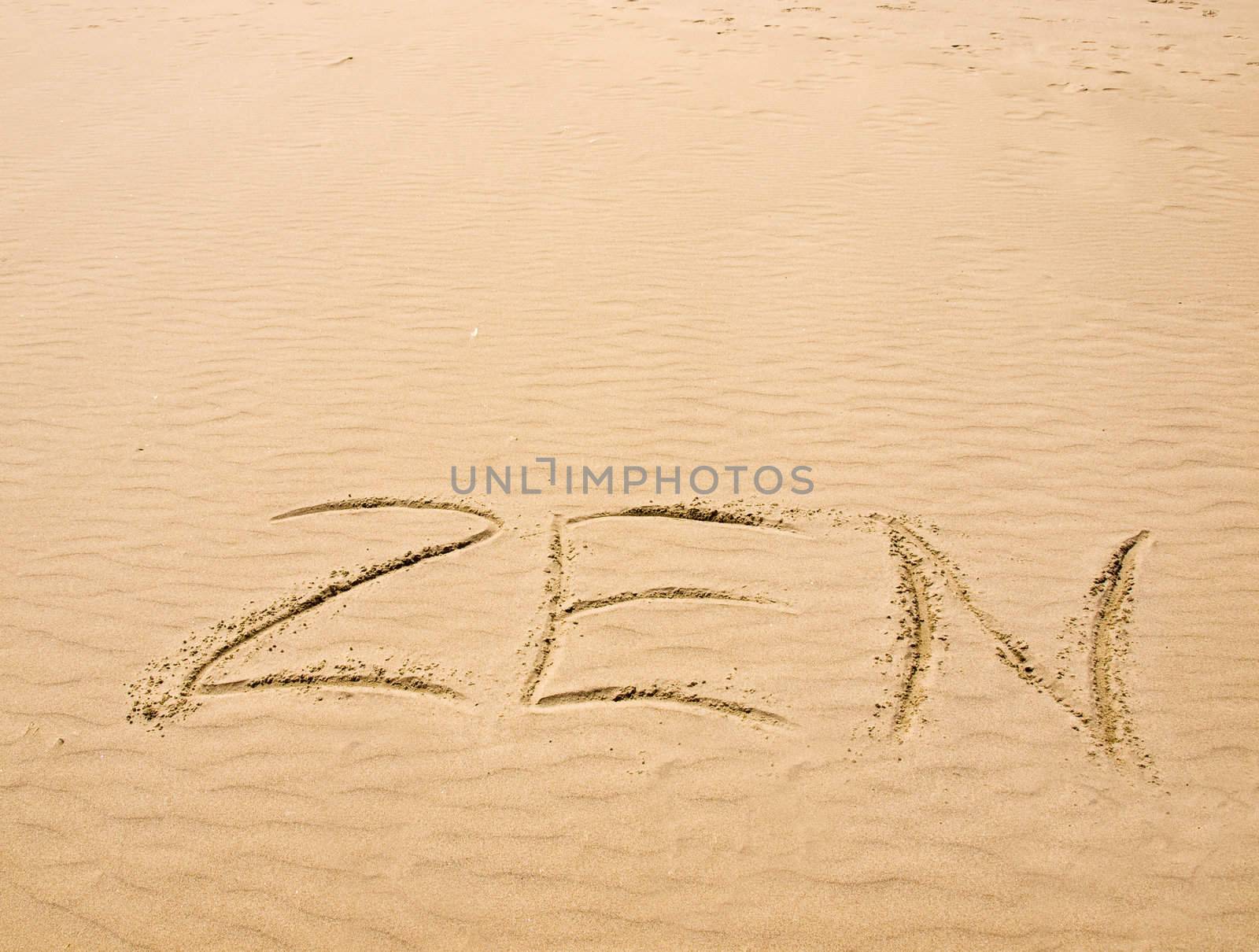 Zen Written in the Sand on a Sunny Day