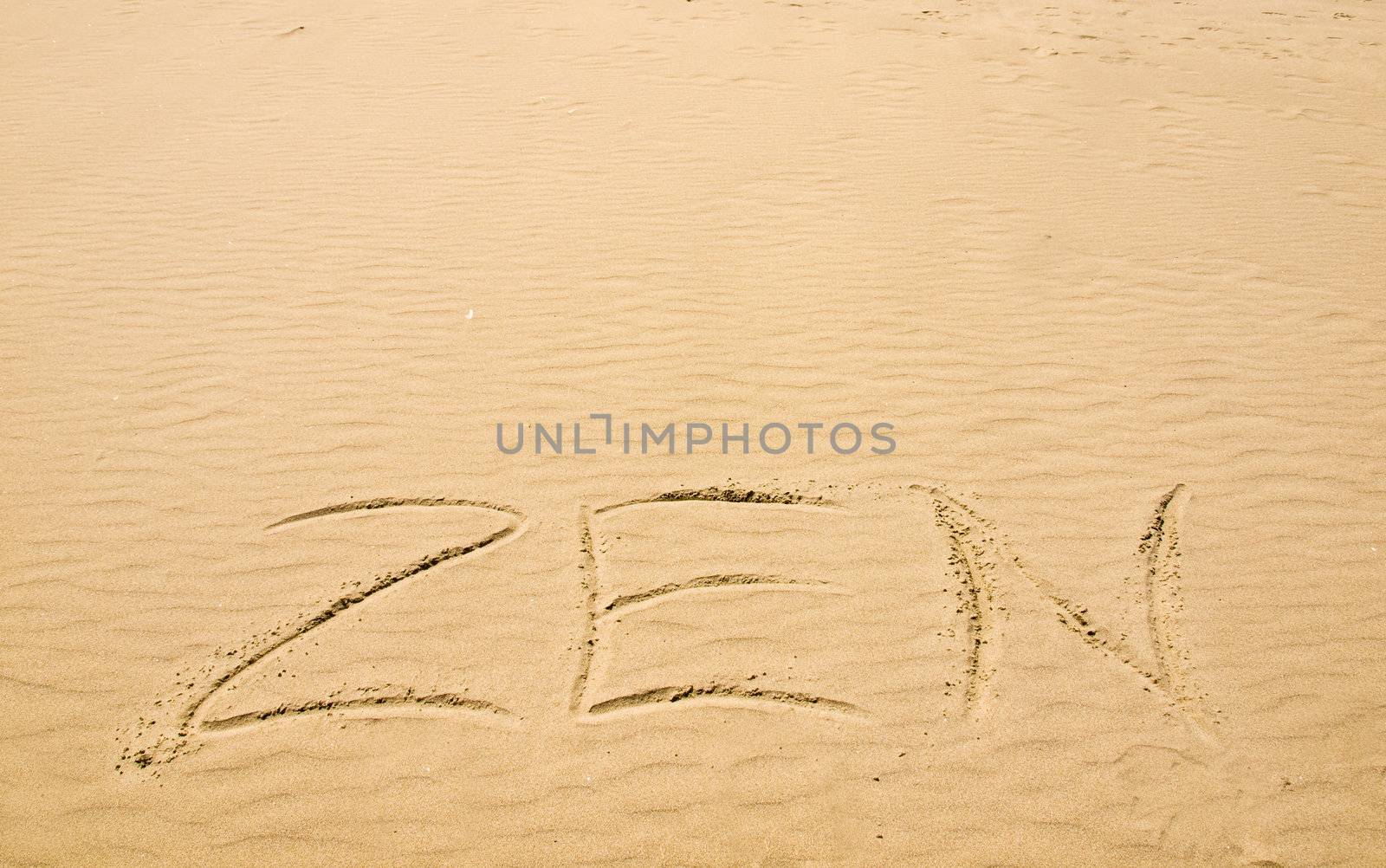 Zen Written in the Sand on a Sunny Day