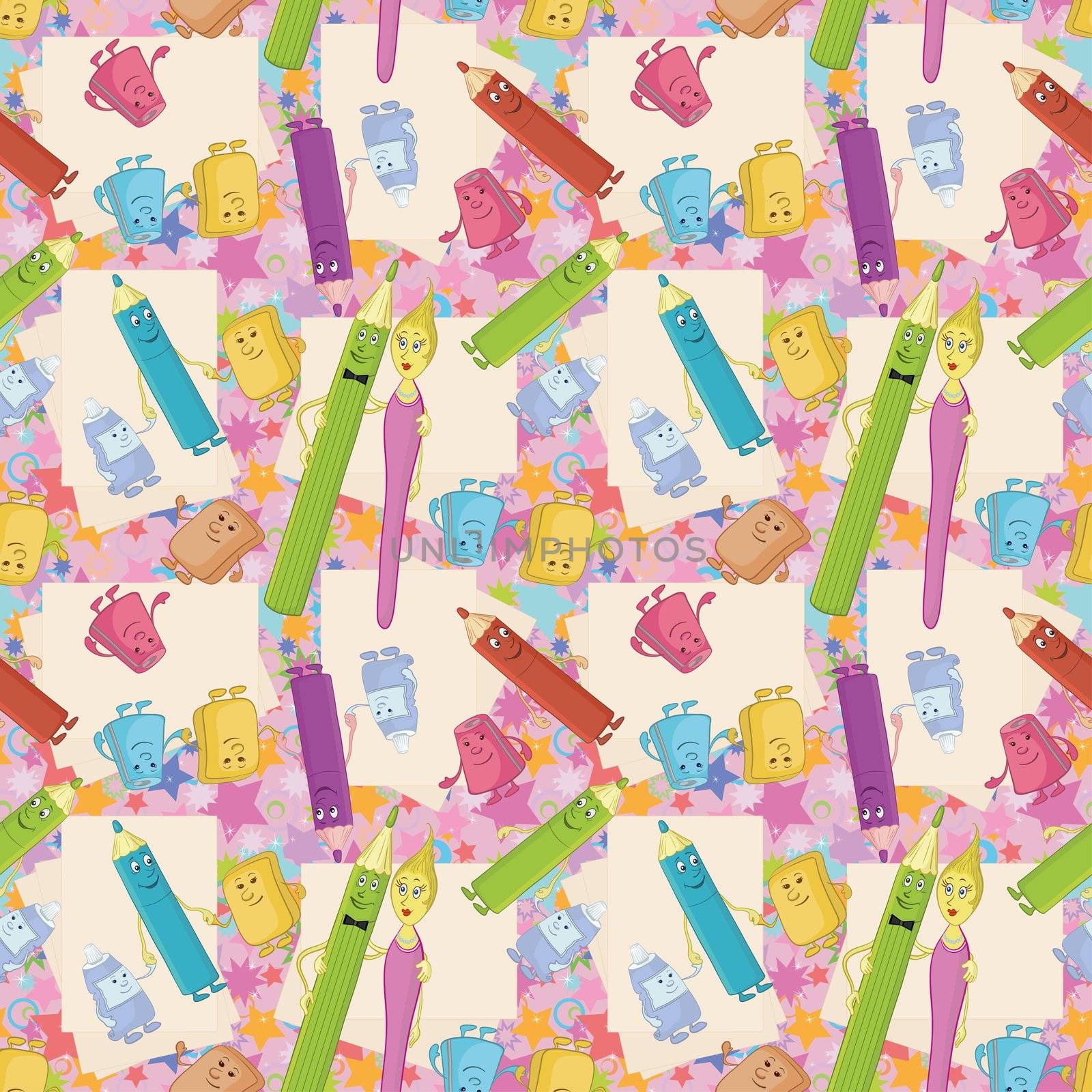 Seamless cartoon background, stationery family: pencils, brushes, tubes, erasers and pencil sharpeners.