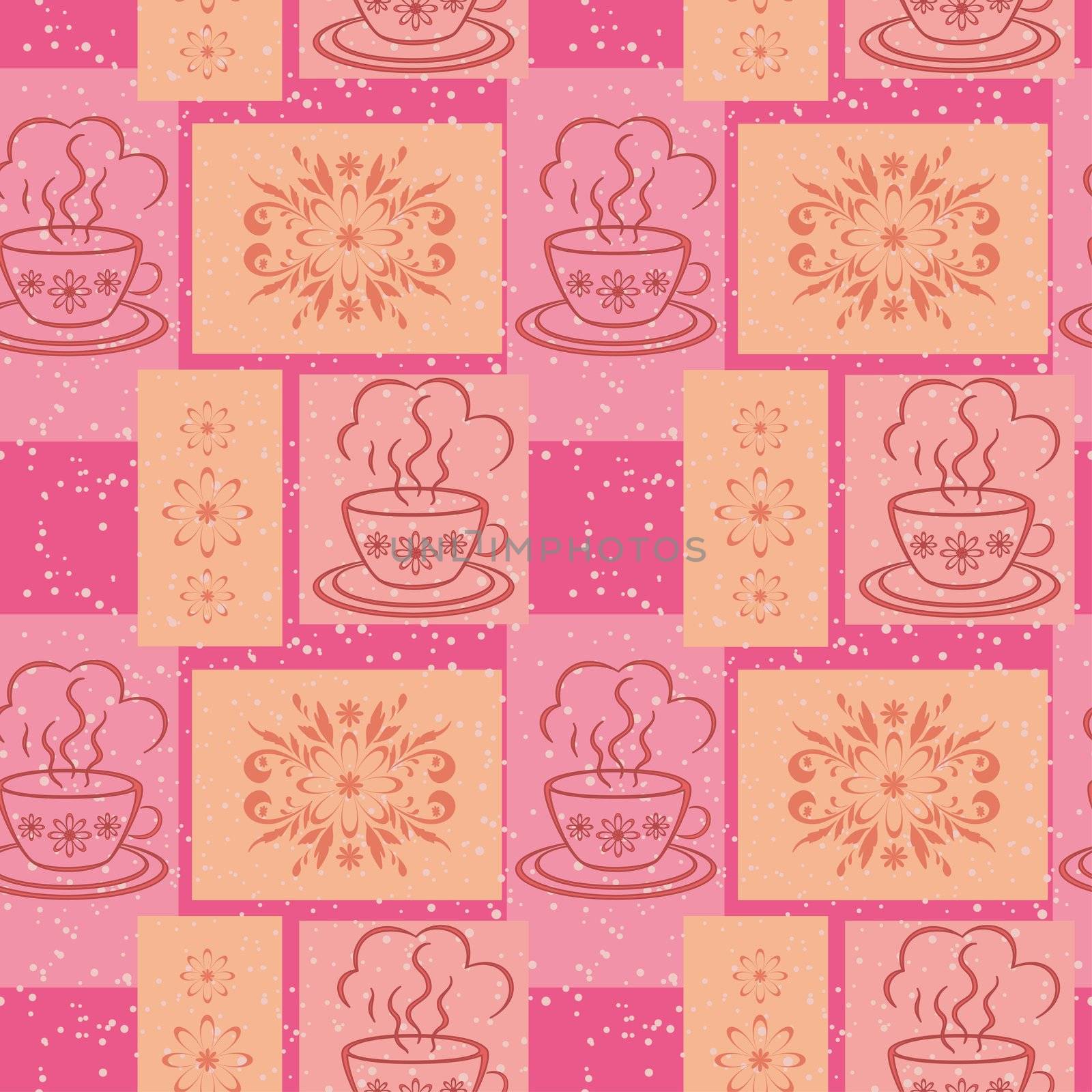 Seamless background, cups with a hot drink and rectangles with floral pattern.