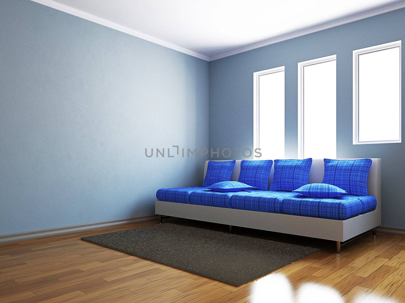 Livingroom with blue sofa  near the windows