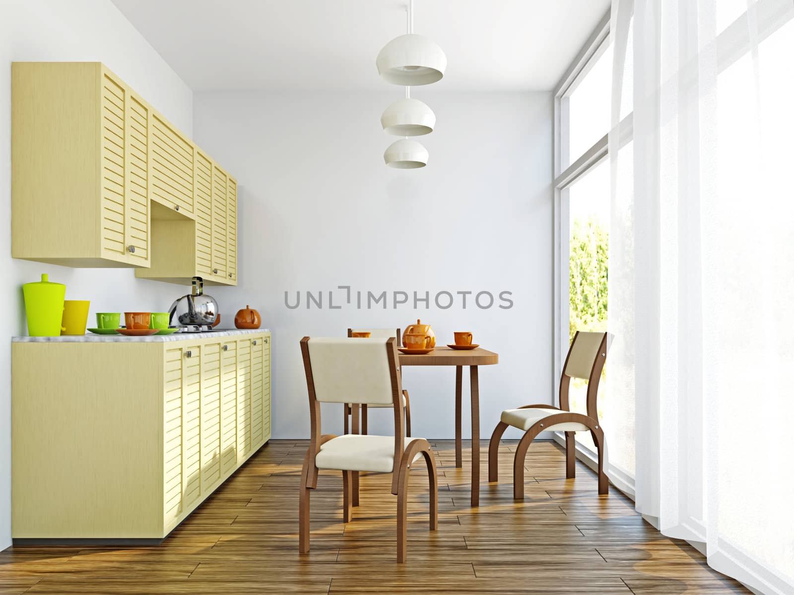 The kitchen interior with wooden furniture and table