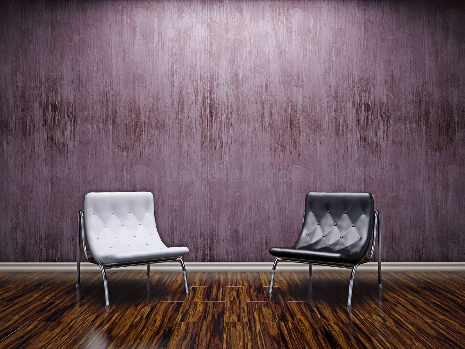 Livingroom with leather chairs  near the wall