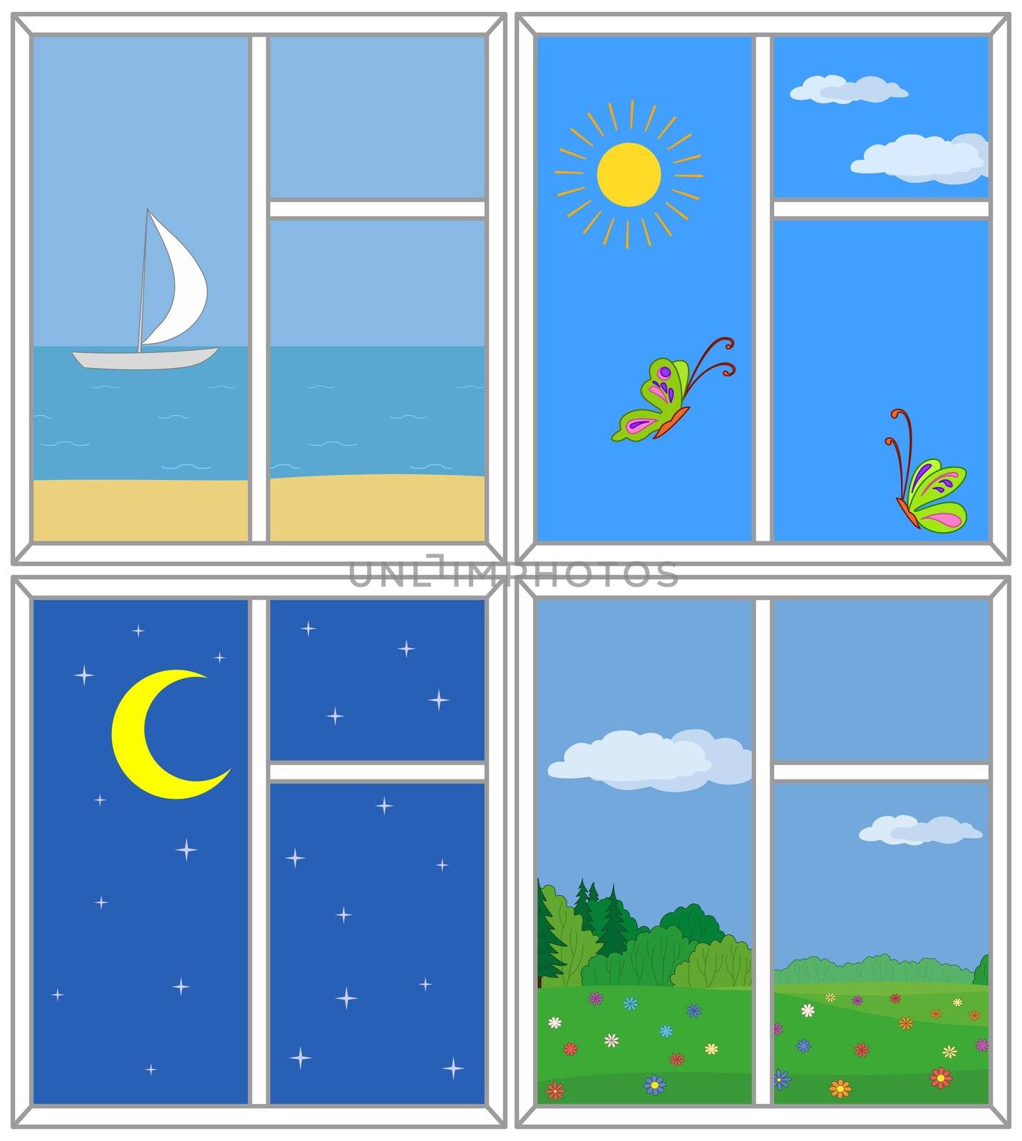 Set windows with views: sea, butterflies in the sky, moonlit night, a flower meadow