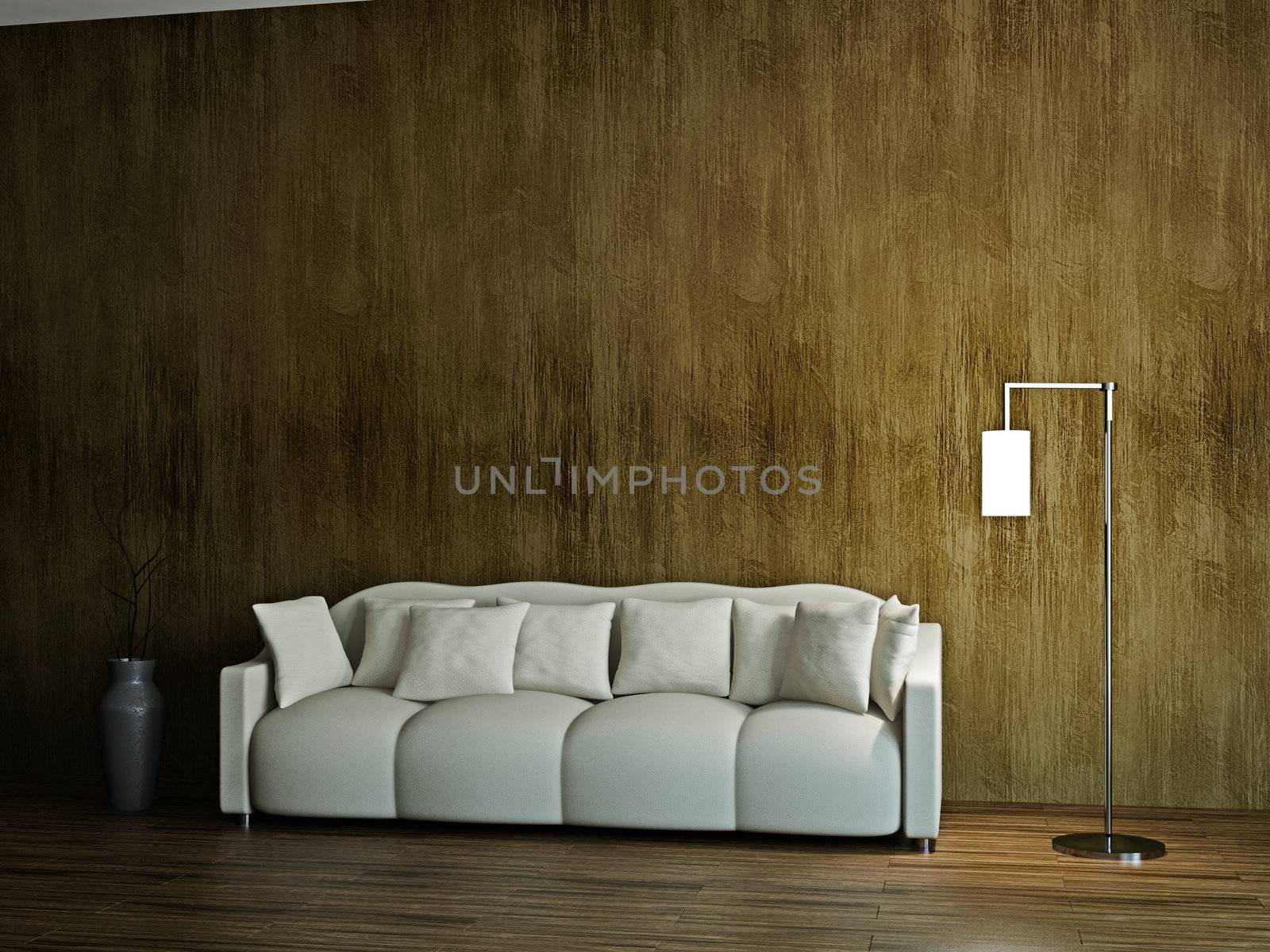 Room with sofa  and a lamp near the wall