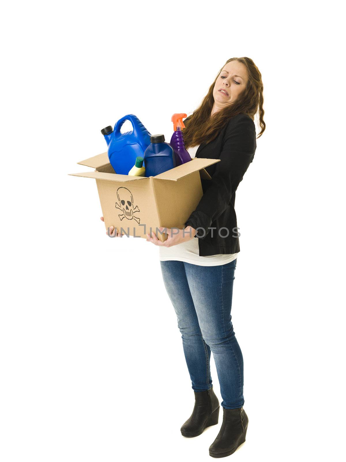 Woman with Unhealthy Recycling isolated on white background