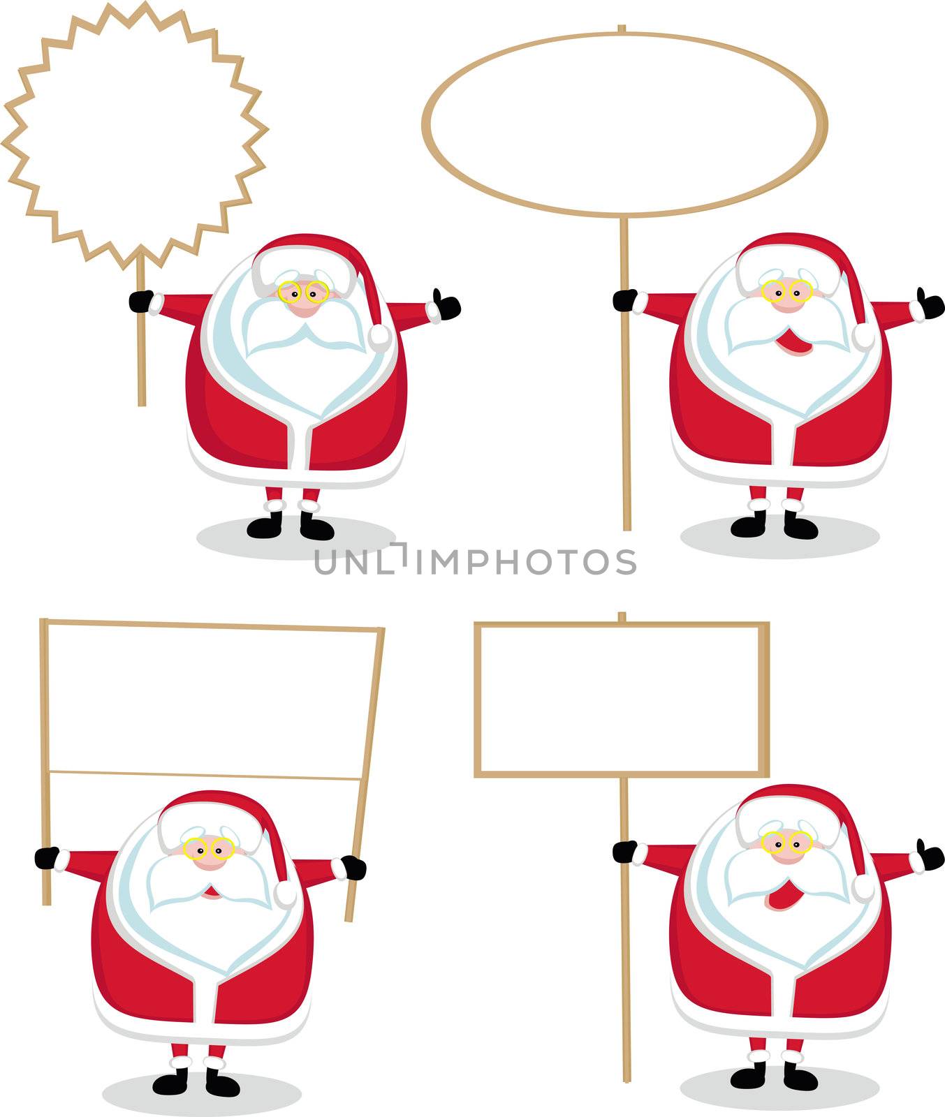 Cartoon Santas holding blank signs. Vector illustration