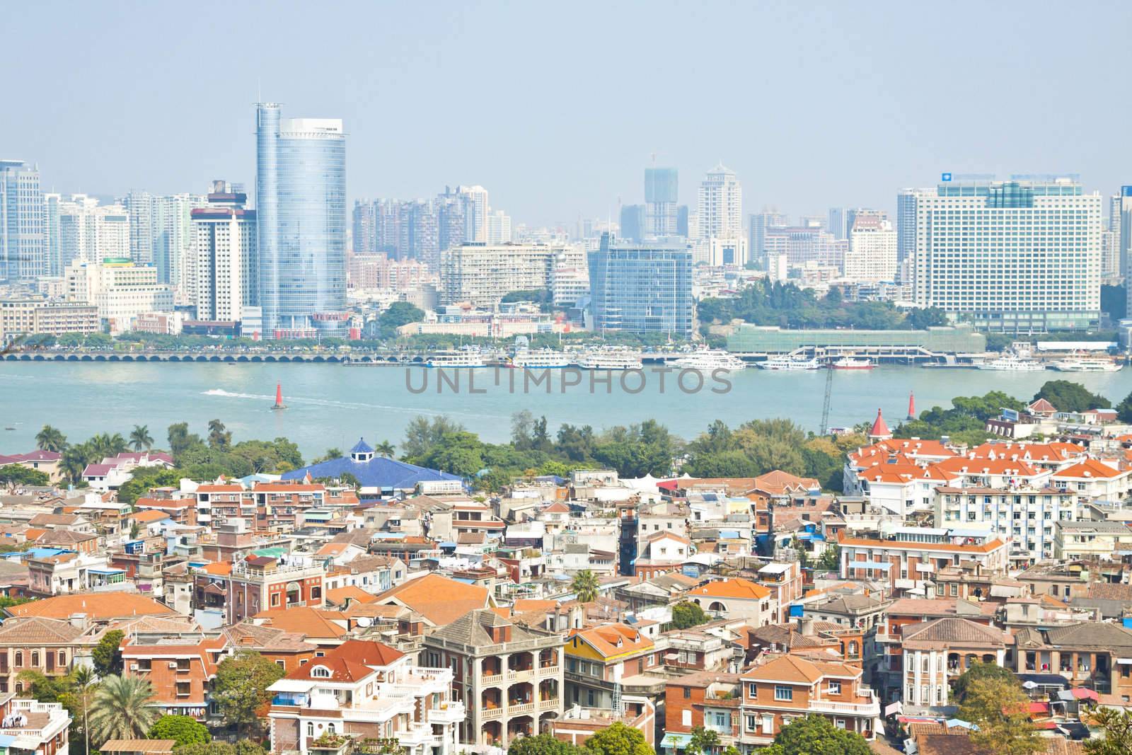 Xiamen aerial view from Gulang-yu island, China