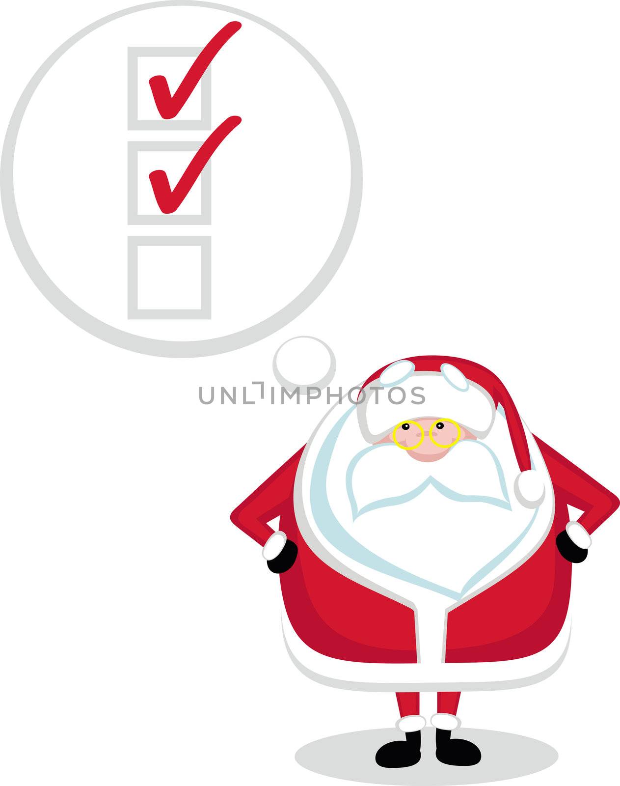 Cartoon Santa with thought  bubble and check boxes. Vector