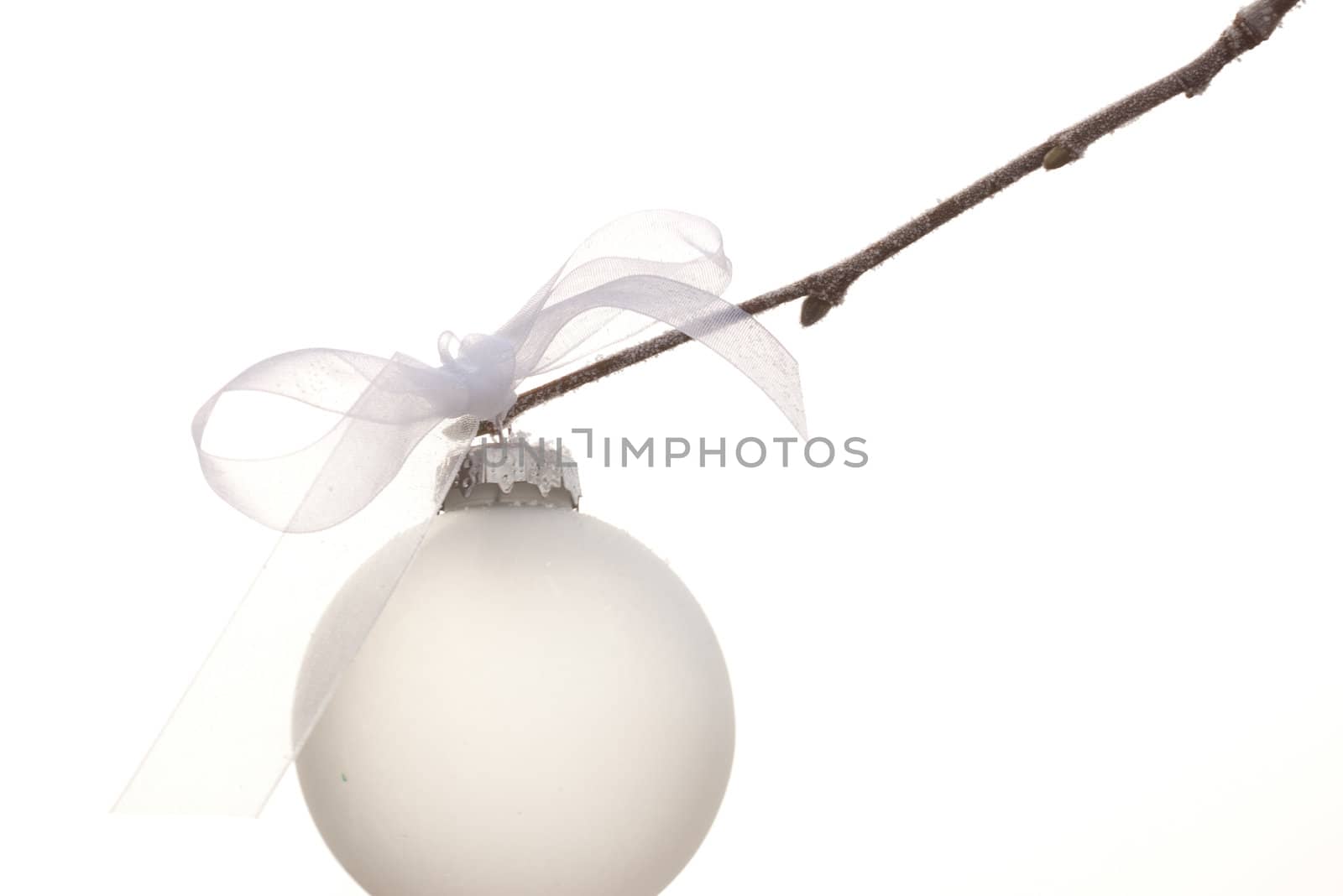 white christmas ornament hanging on a tree with a white background