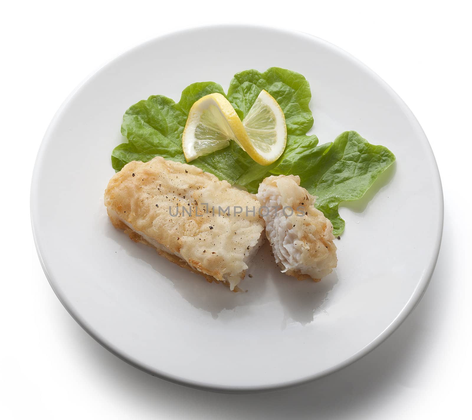 Fried fillet of pangasius with lettuce and lemon on the white plate