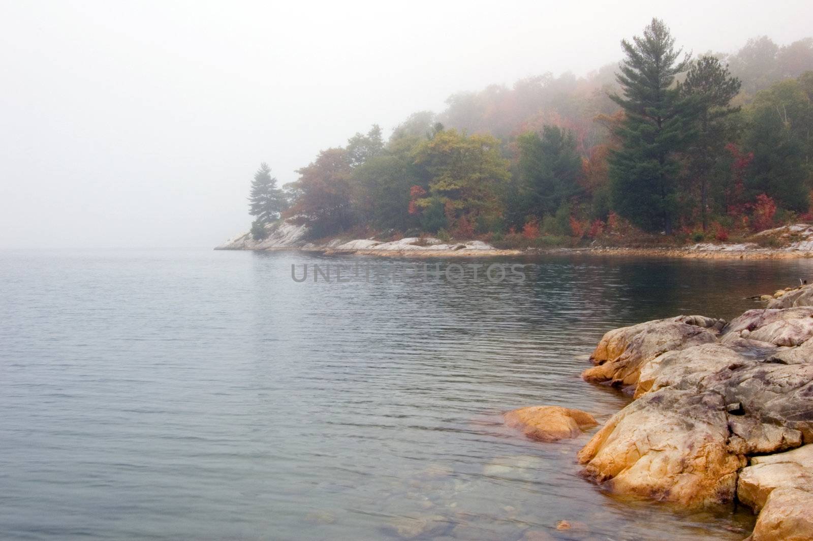 Shore of Killarney Lake in overcast day
