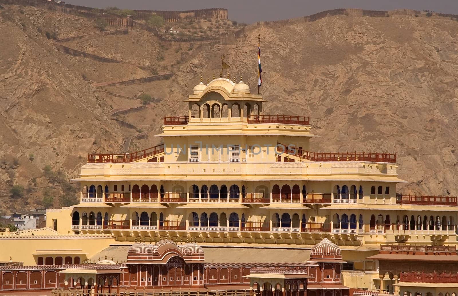 This is the current home of the present maharaja of Jaipur; India.; This is a mix of mughal and rajasthani architecture and is a famous landmark in Jaipur.