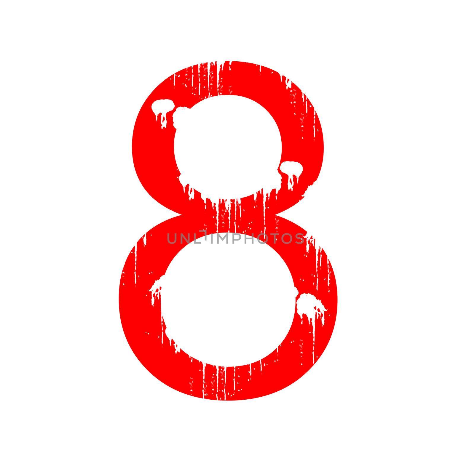 A red alphanumeric character in grunge style on a white background. One of a series of the twenty six letters of the English alphabet and the numbers zero to nine.