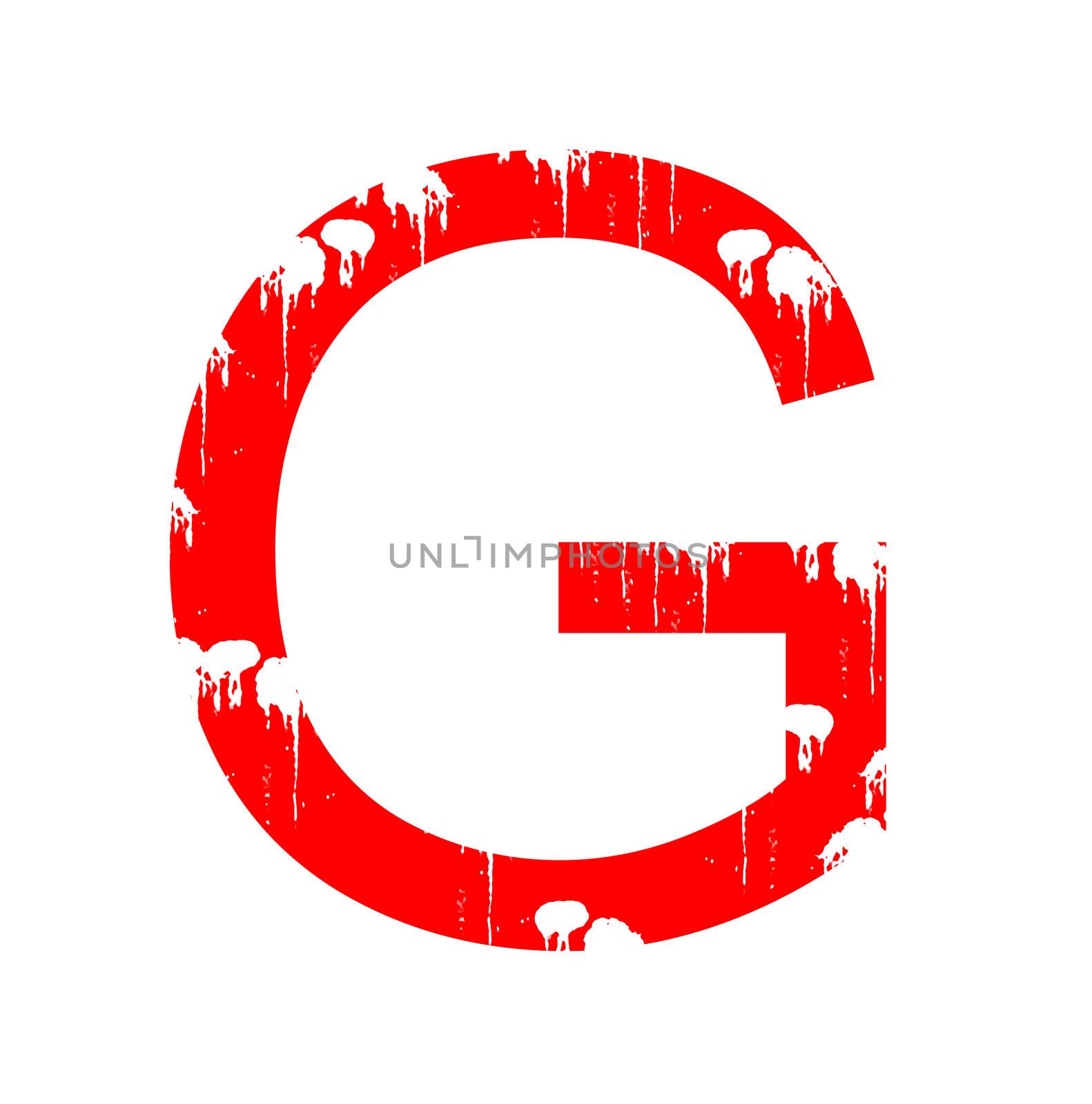 A red alphanumeric character in grunge style on a white background. One of a series of the twenty six letters of the English alphabet and the numbers zero to nine.