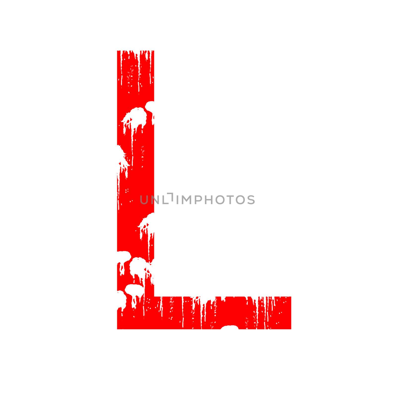 A red alphanumeric character in grunge style on a white background. One of a series of the twenty six letters of the English alphabet and the numbers zero to nine.