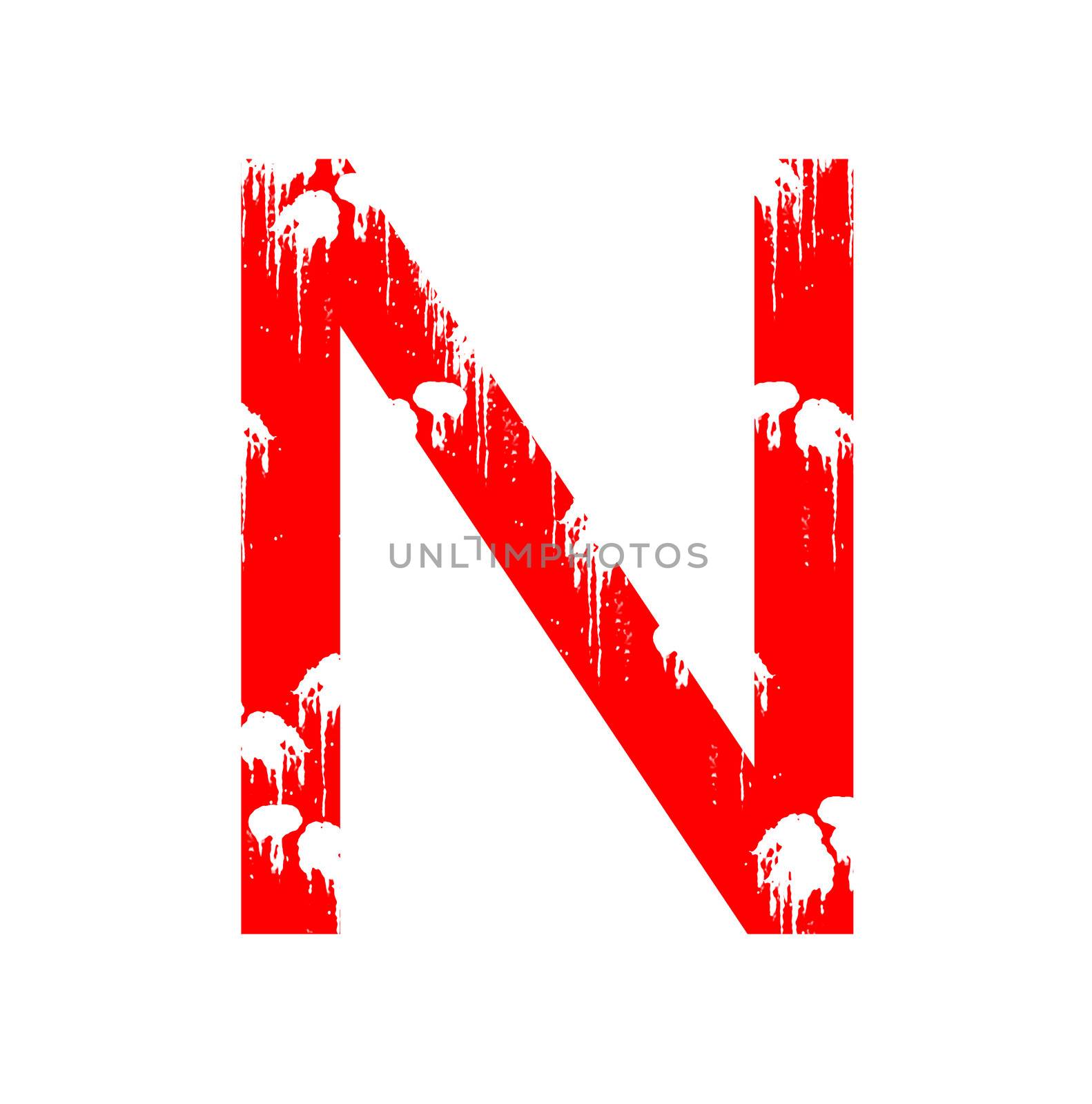 A red alphanumeric character in grunge style on a white background. One of a series of the twenty six letters of the English alphabet and the numbers zero to nine.