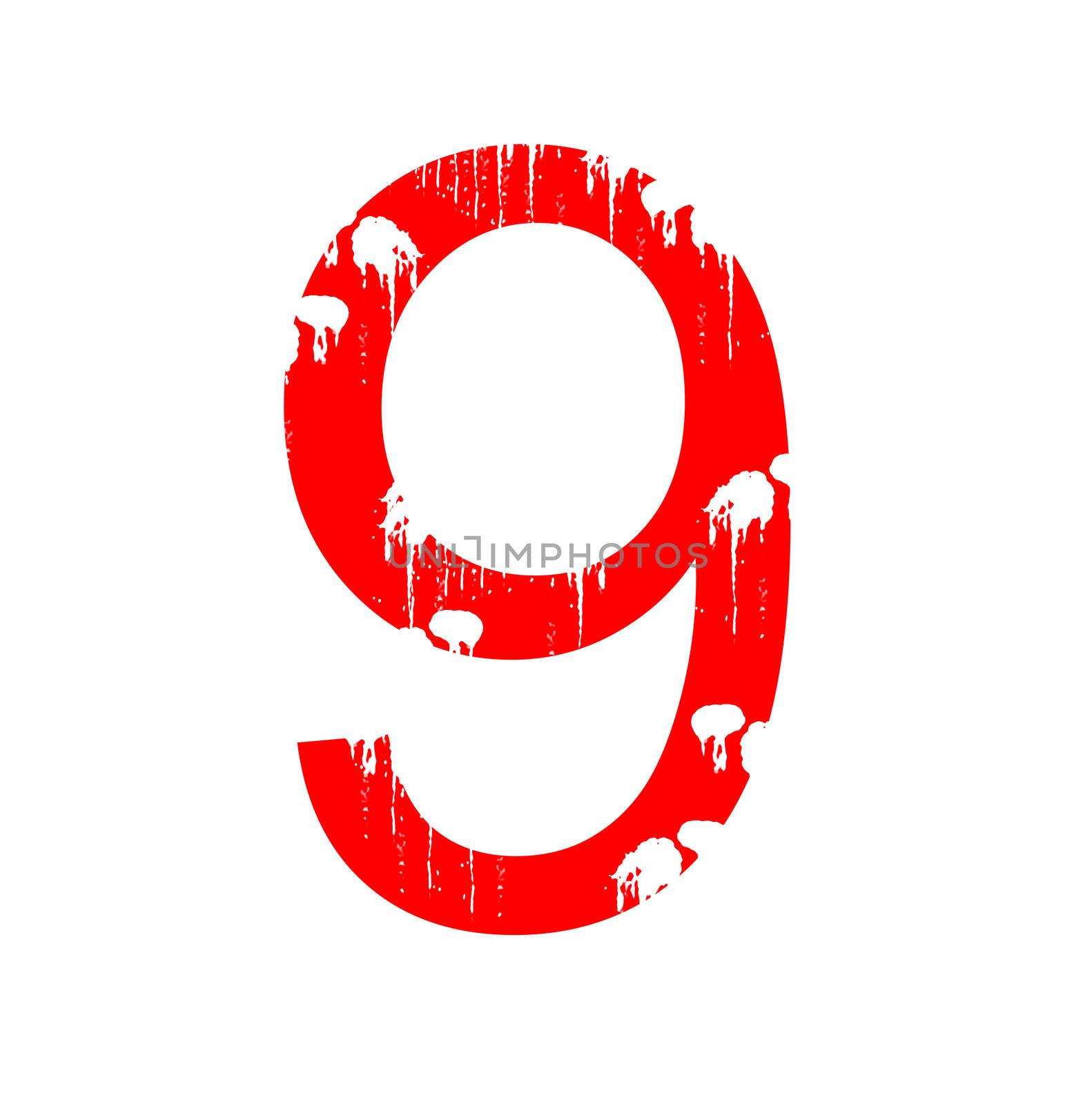 A red alphanumeric character in grunge style on a white background. One of a series of the twenty six letters of the English alphabet and the numbers zero to nine.