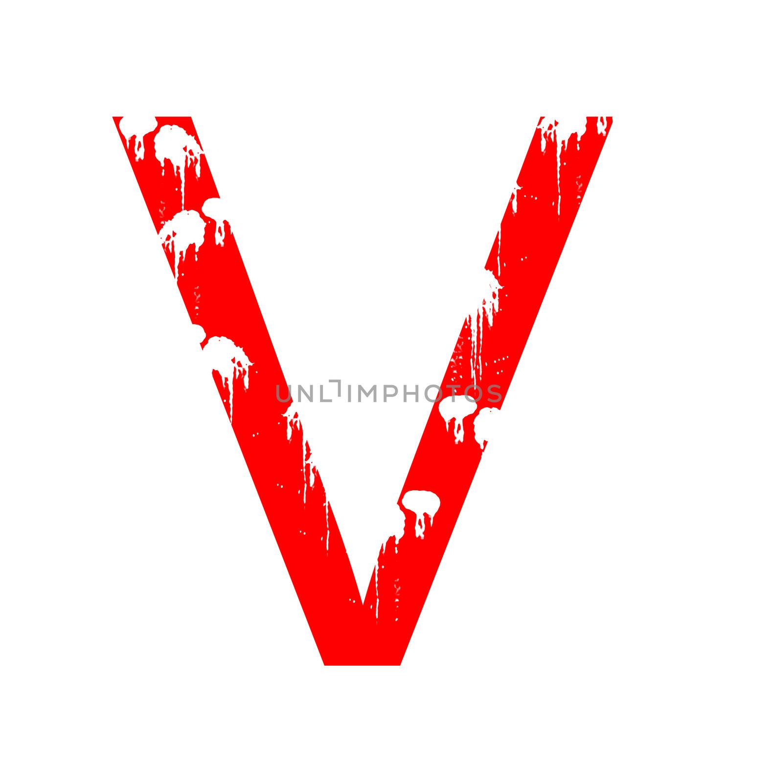 A red alphanumeric character in grunge style on a white background. One of a series of the twenty six letters of the English alphabet and the numbers zero to nine.