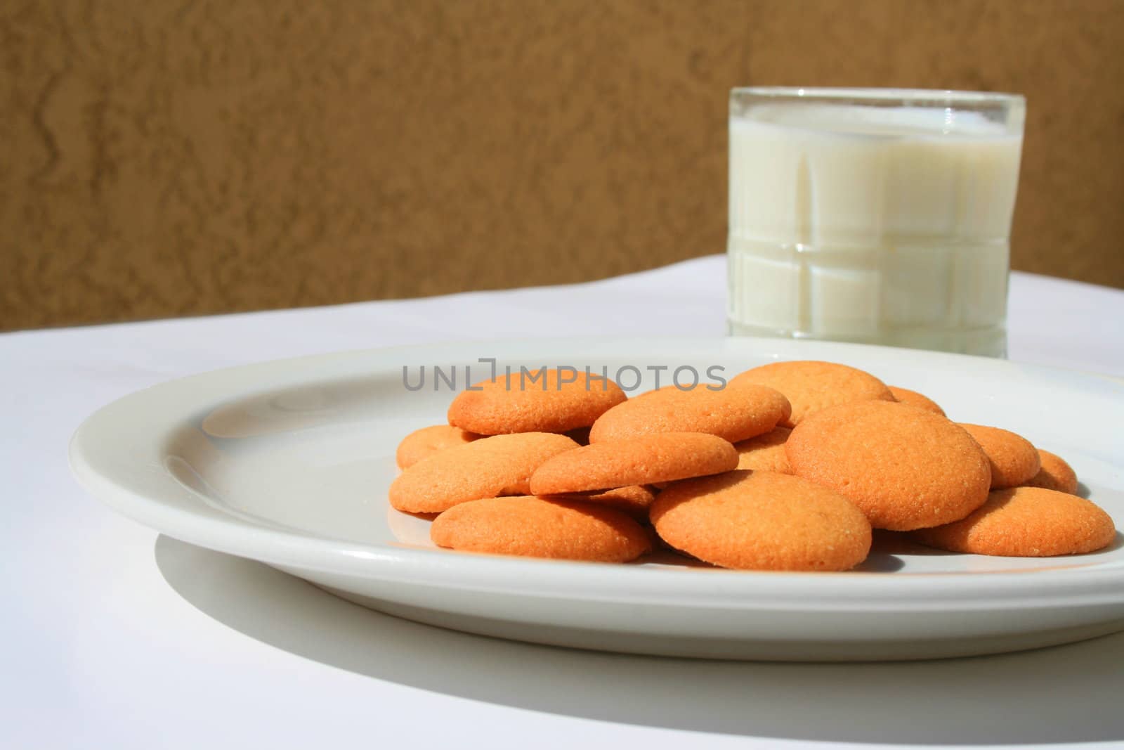 Close up of vanilla cookies and a glass of milk.
