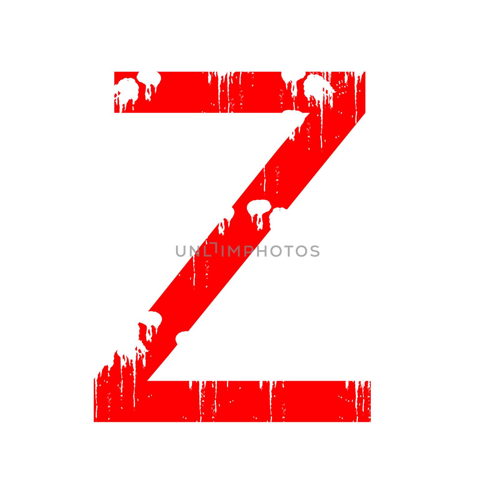 A red alphanumeric character in grunge style on a white background. One of a series of the twenty six letters of the English alphabet and the numbers zero to nine.