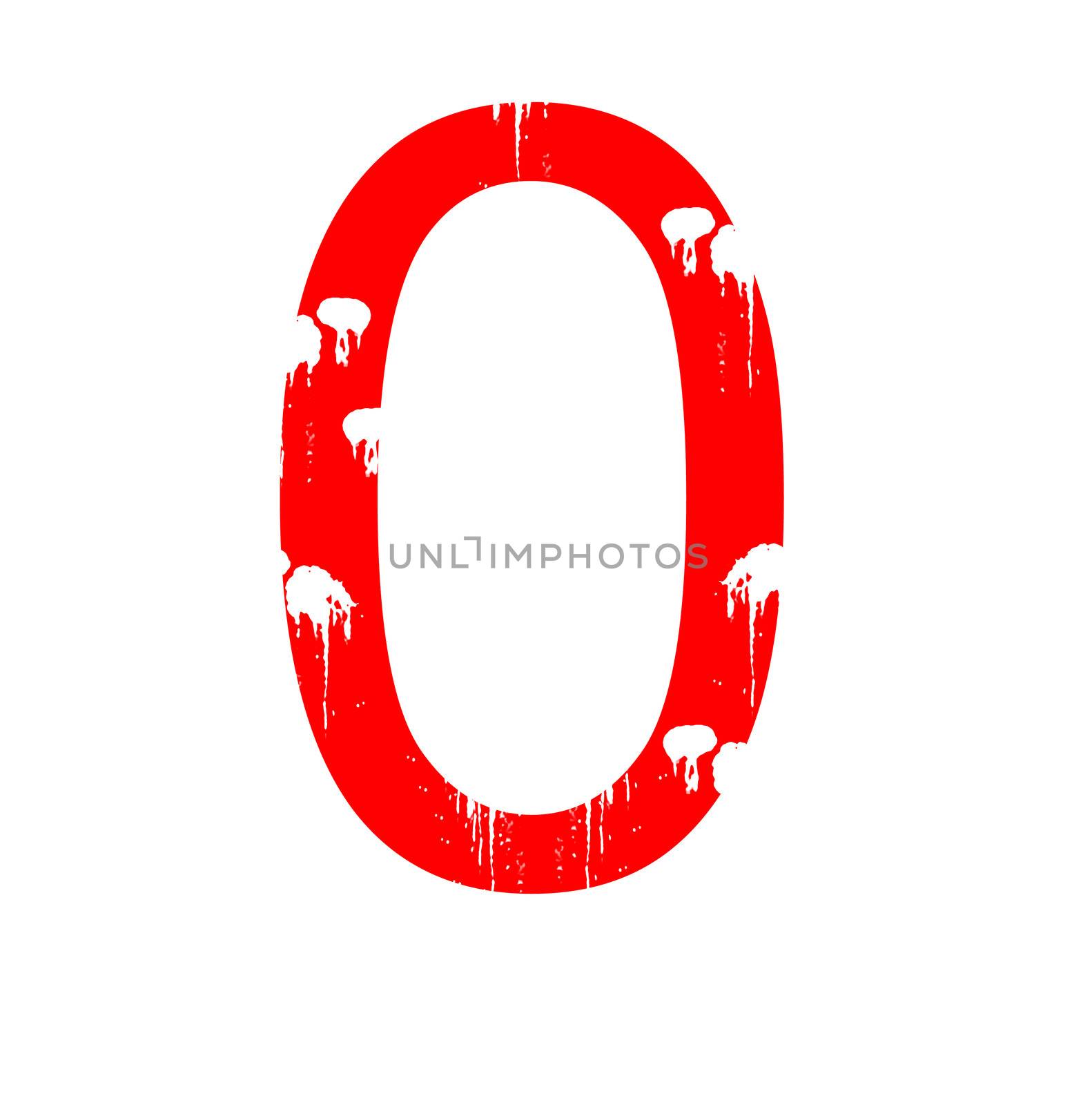 A red alphanumeric character in grunge style on a white background. One of a series of the twenty six letters of the English alphabet and the numbers zero to nine.