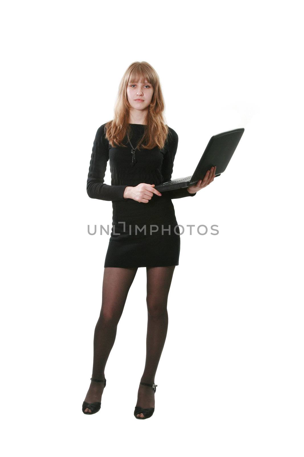 The business woman with a computer on a white background