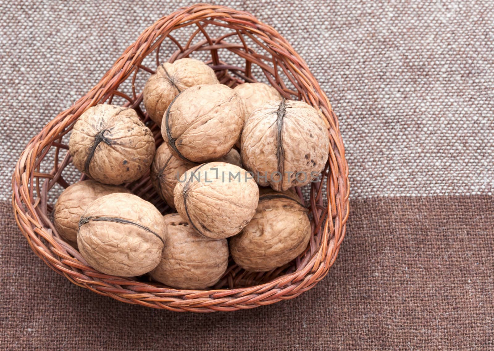 Walnuts in the old wicker basket on burlap