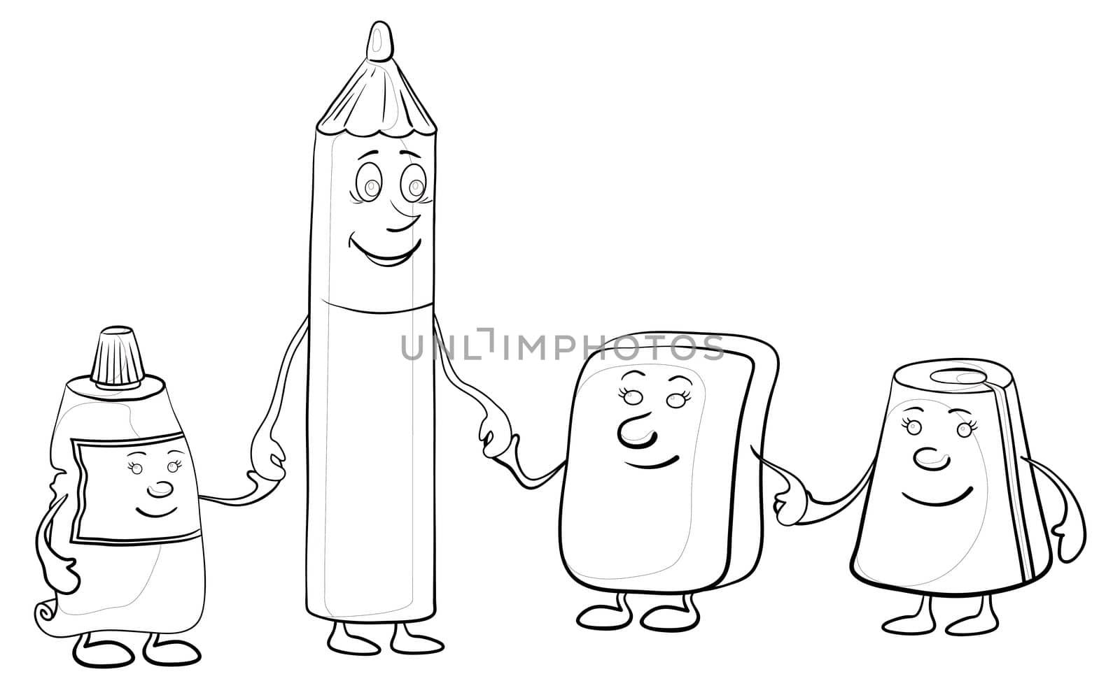 Cartoon, contours, pencil and stationery children: tube, eraser, pencil sharpener, contours