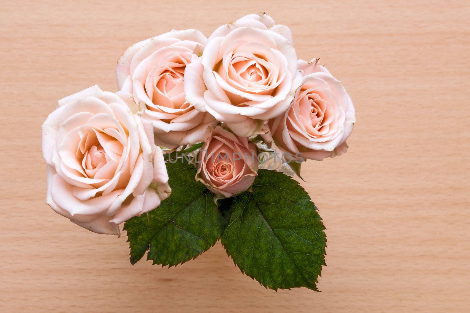 pink roses in a vase on a wooden desk