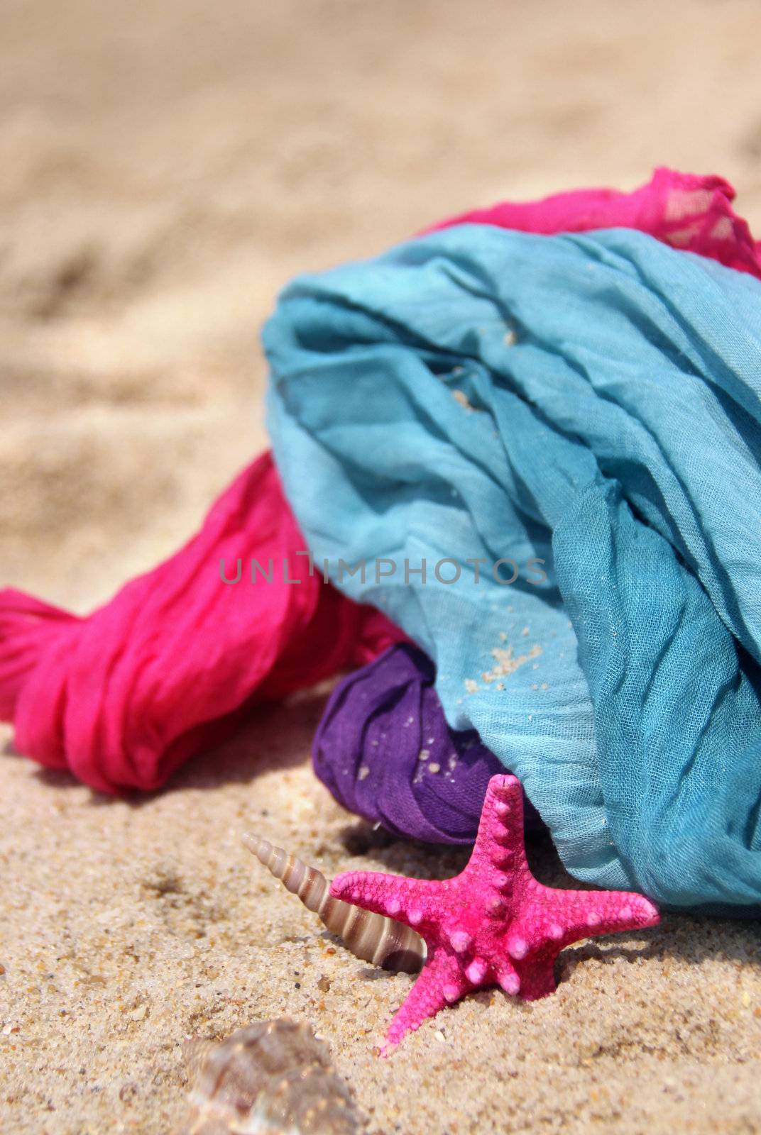 Vivid shawles and pink starfish on the beach