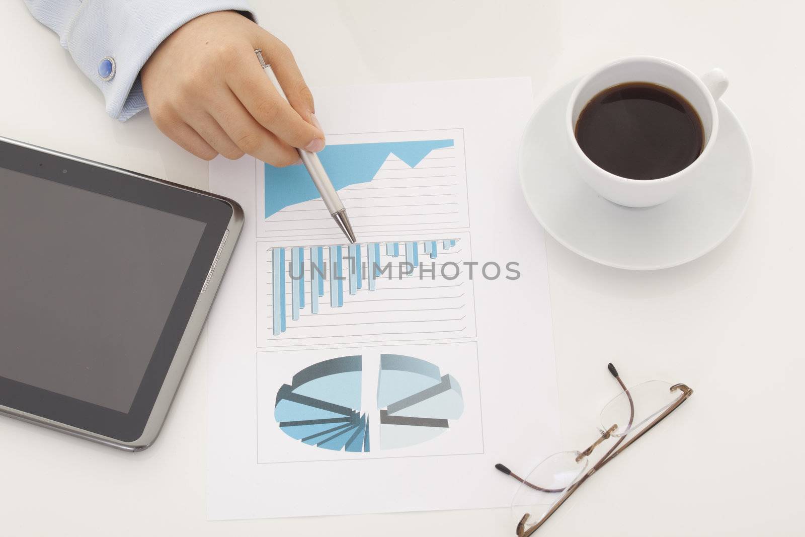 Business background, financial data concept with pen