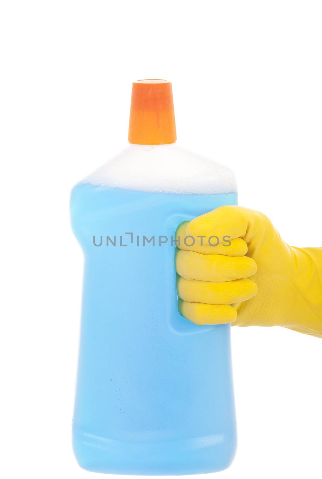Woman in yellow rubber gloves holding cleaning bottle