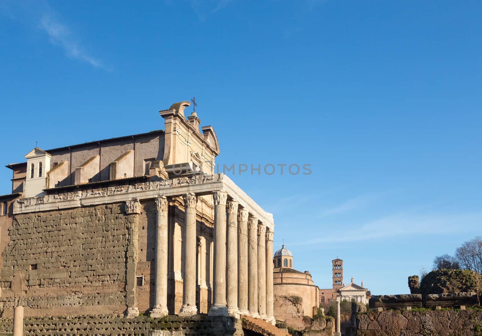 Details of remains and ruins in Ancient Rome Italy showing Temple of Antoninus and Faustina