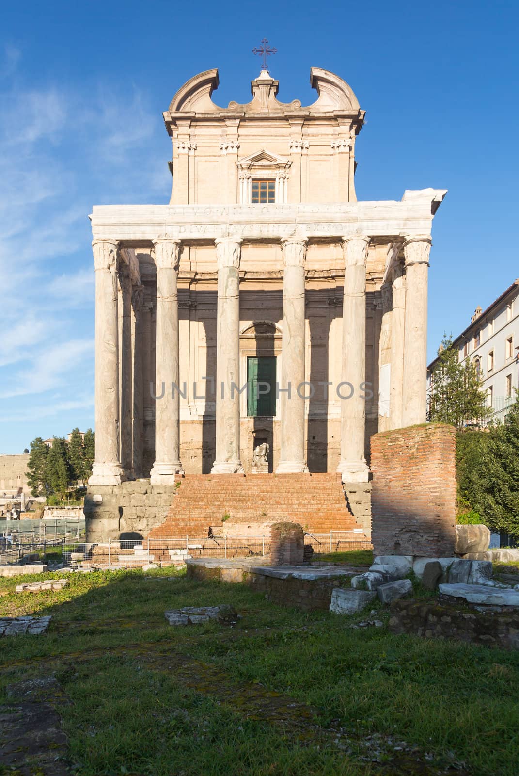 Details of remains and ruins in Ancient Rome Italy showing Temple of Antoninus and Faustina