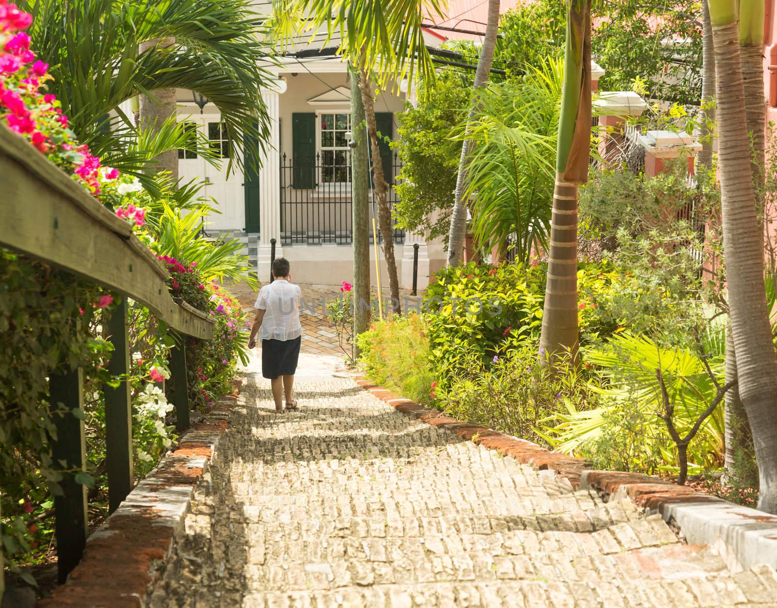 Ninety nine steps with lady tourist descending in Charlotte Amalie St Thomas