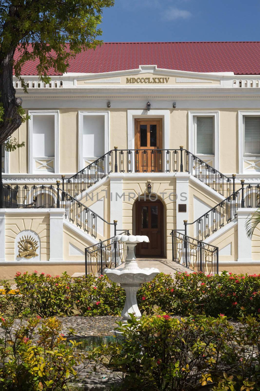 Ornate entrance to Legislature of US Virgin Islands in Charlotte Amalie, which governs the US Virgin Islands