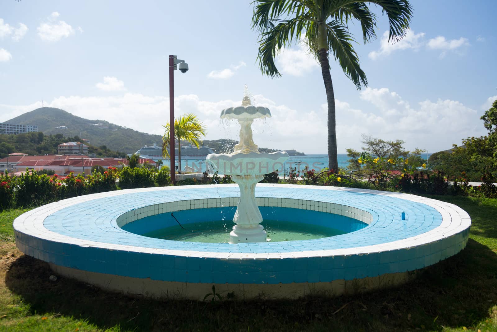 Blue tiled fountain outside the Government House in Charlotte Amalie St Thomas USVI