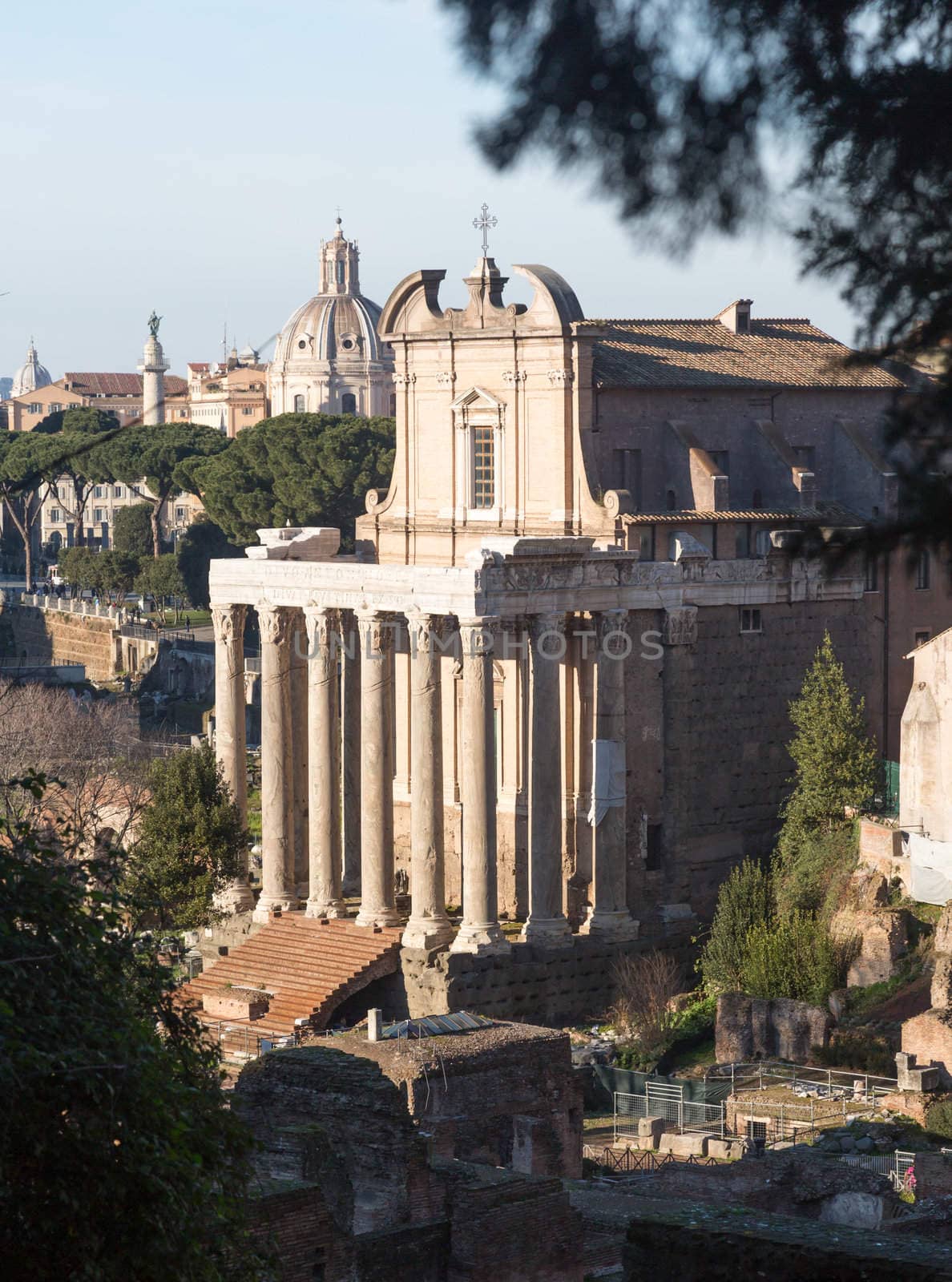 Details of remains and ruins in Ancient Rome Italy showing Temple of Antoninus and Faustina