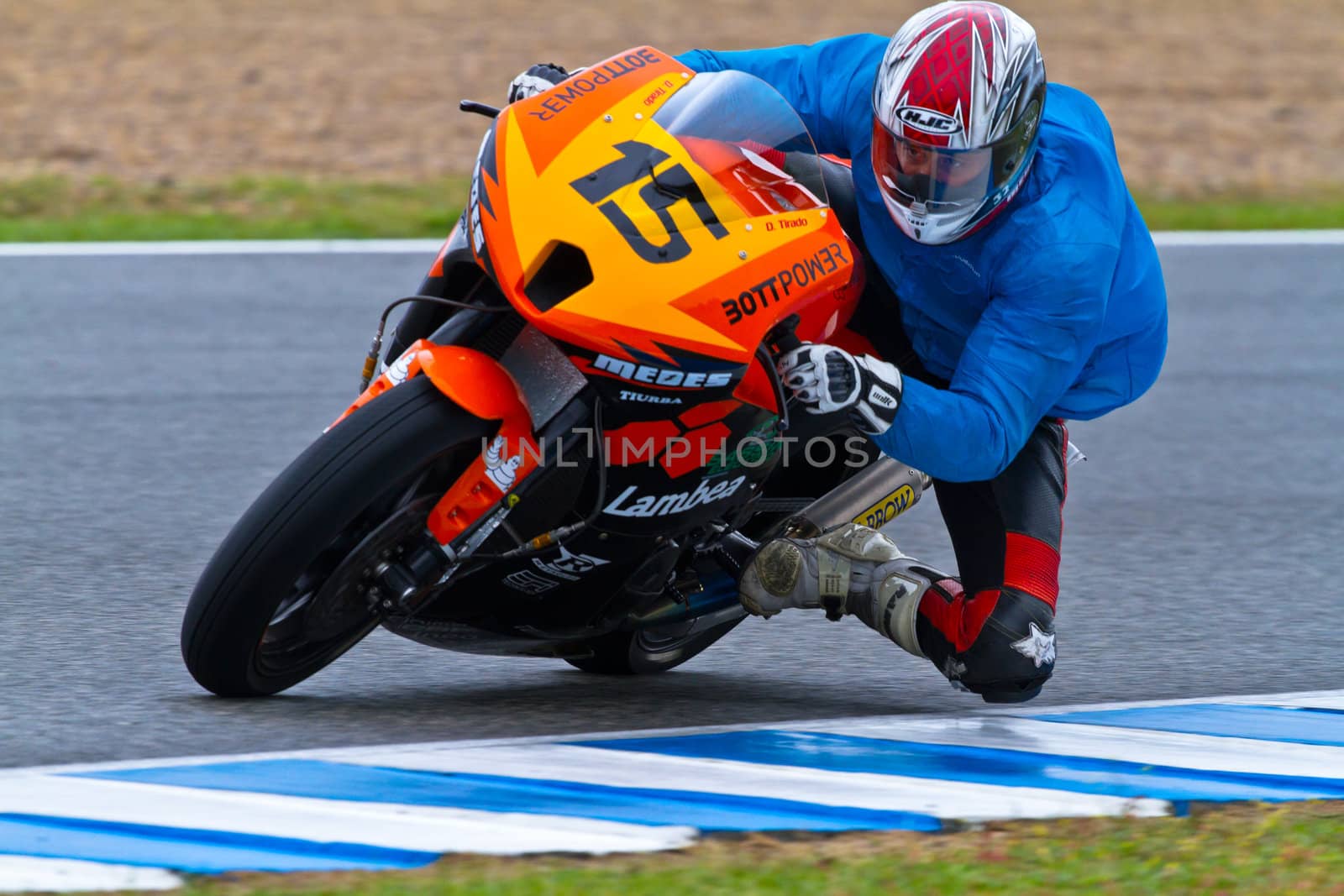 JEREZ DE LA FRONTERA, SPAIN - NOV 19: Moto2 motorcyclist Manuel Tirado takes a curve in the CEV Championship race on November 19, 2011 in Jerez de la Frontera, Spain.