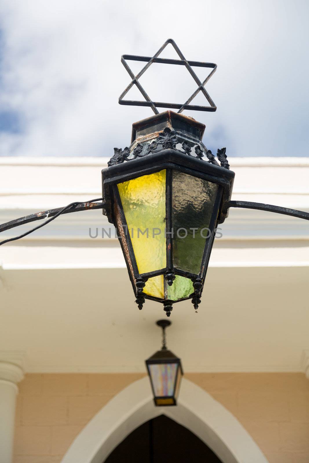 Antique lamp at entrance to synagogue in Charlotte Amalie St Thomas